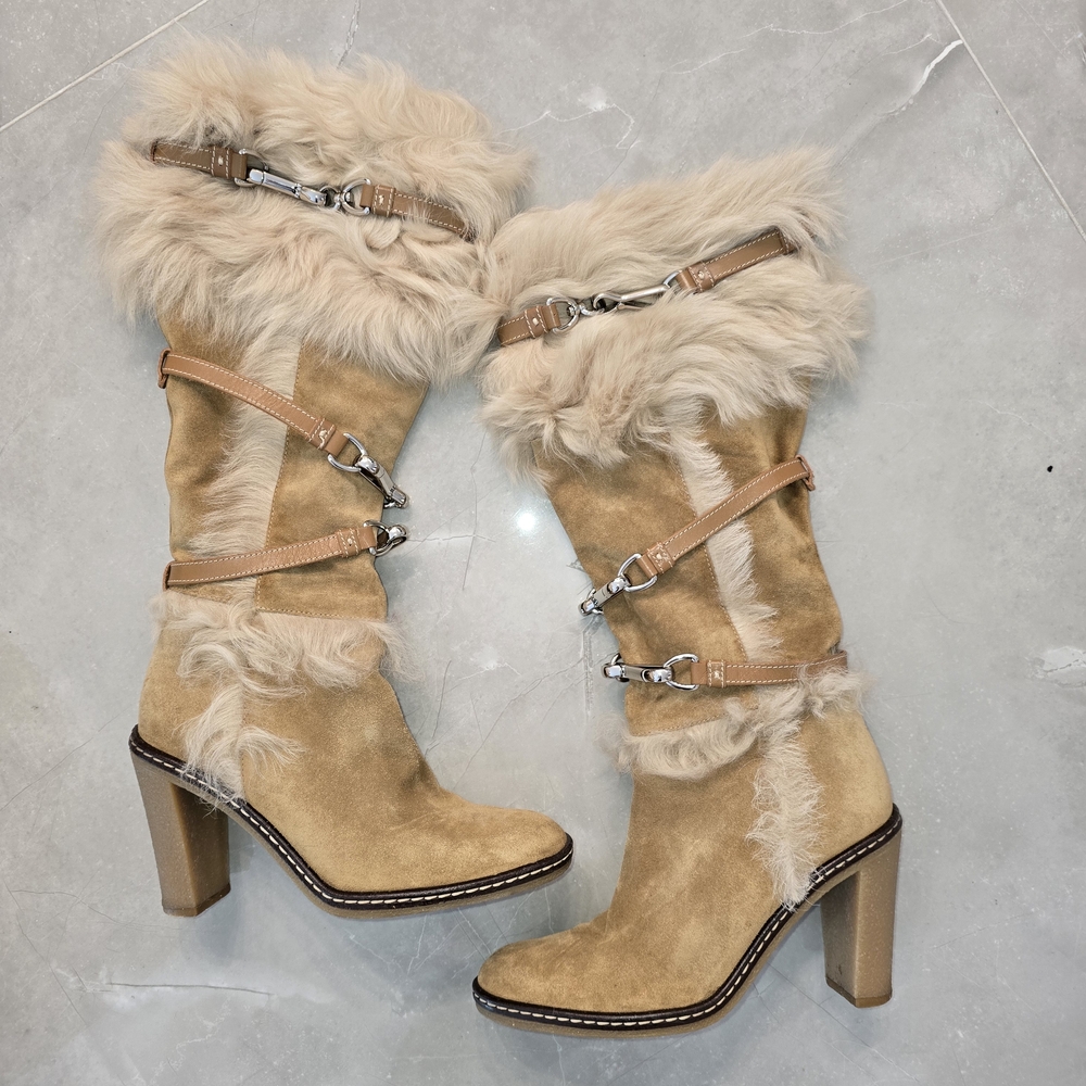 Coach Tan Heeled Boots with Fur Trim